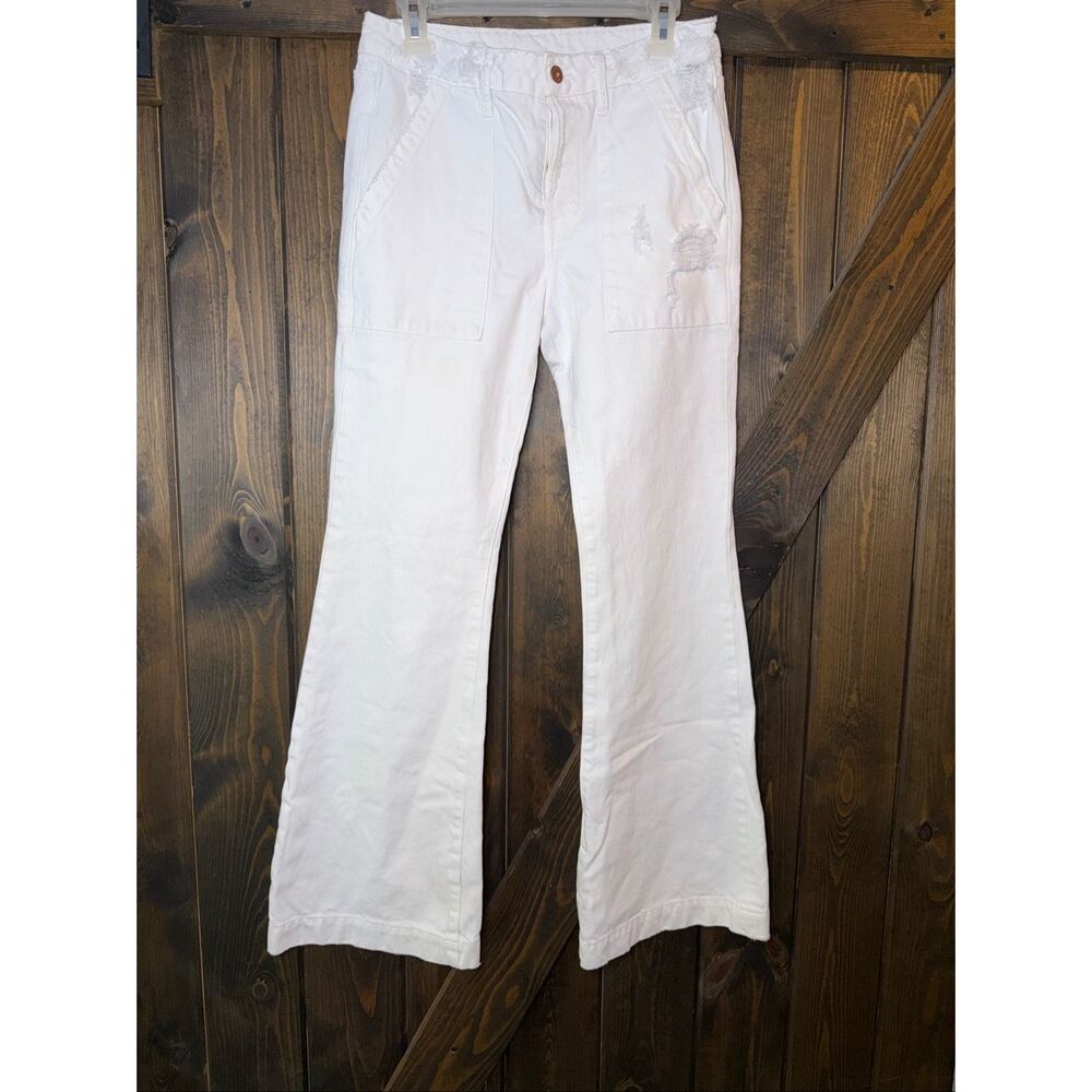 NSF Mid Rise Button Fly Straight Distressed Flare Leg Jeans